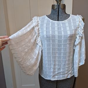 Part Two Copenhagen blouse with ruffled sleeves and textured windowpane pattern